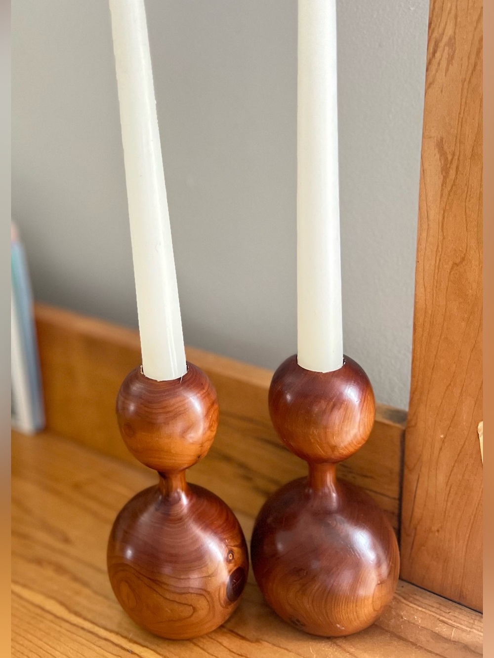 Handturned MCM Wood Double-Ball Candle Holders Bermuda Cedar